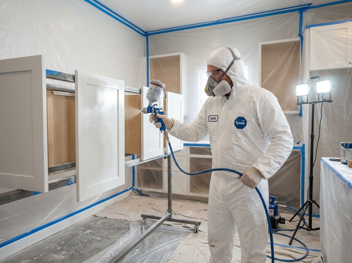 Artisan painter spraying custom cabinets inside sealed plastic room containment