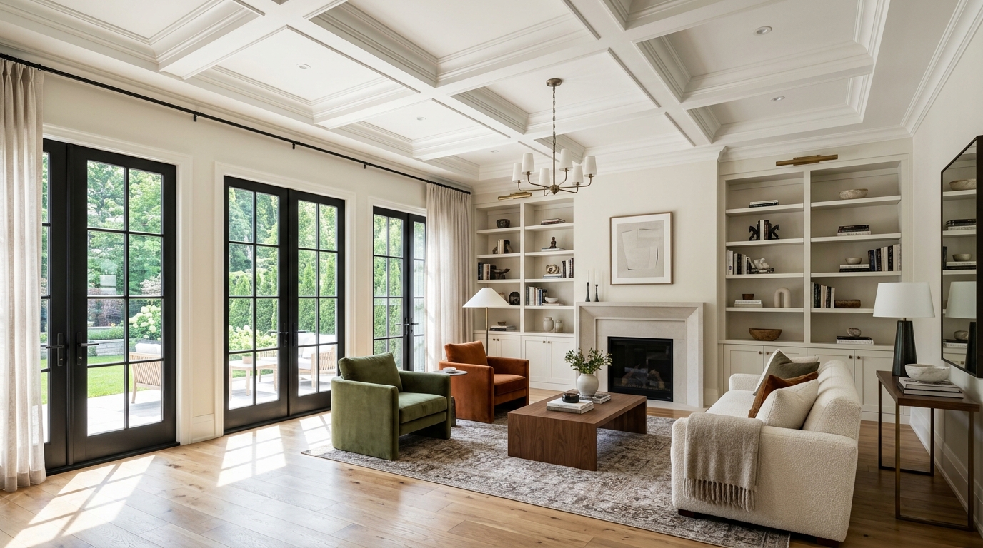 Luxury living room with smooth painted alabaster walls, coffered ceiling, and custom built-in bookcases in natural daylight